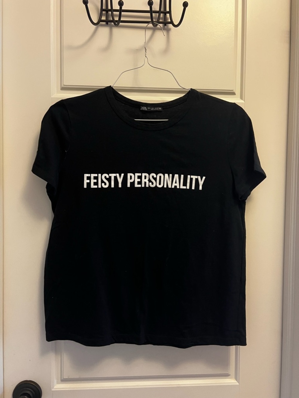 Zara Black Tee with White "Feisty Personality" Graphic
